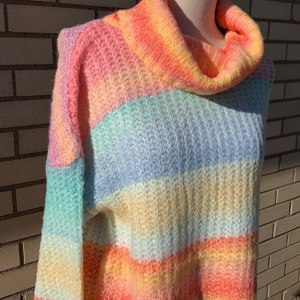 Love Riche Coral Pink Blue Rainbow Stripe Cow Neck Oversized Sweater NWT - Picture 6 of 11